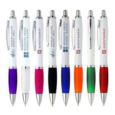 Custom White Plastic Ball Pen with Logo and Rubber Grip