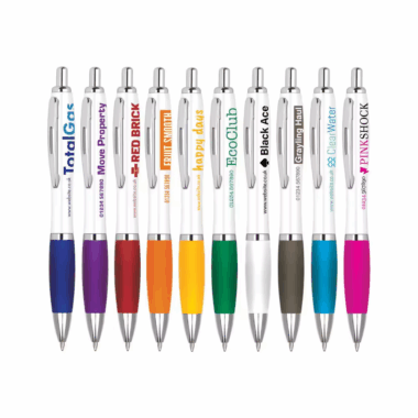 Custom White Plastic Ball Pen with Logo and Rubber Grip