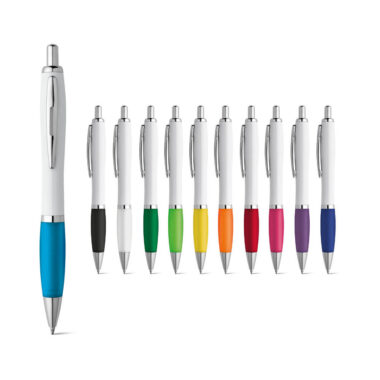 Custom White Plastic Ball Pen with Logo and Rubber Grip