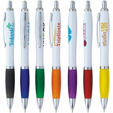 Custom White Plastic Ball Pen with Logo and Rubber Grip