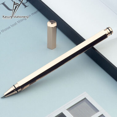 Luxury hexagonal brass rollerball pen with full electroplated gold and custom logo option
